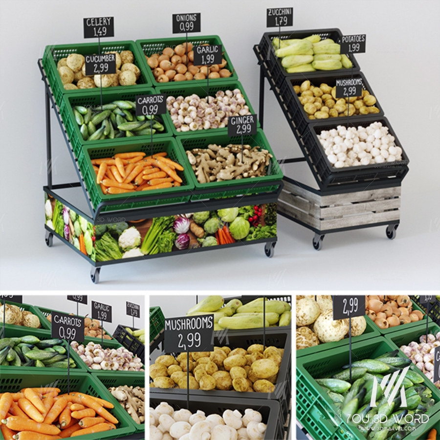 Racks with vegetables
